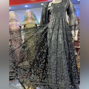 Ethnic Indian Wear Black Embroidered Maxi Dress with Silver Detailing